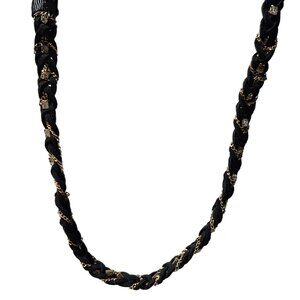 Braided Black Suede Chain Necklace Crystal Accents Gold Tone Details Jewelry